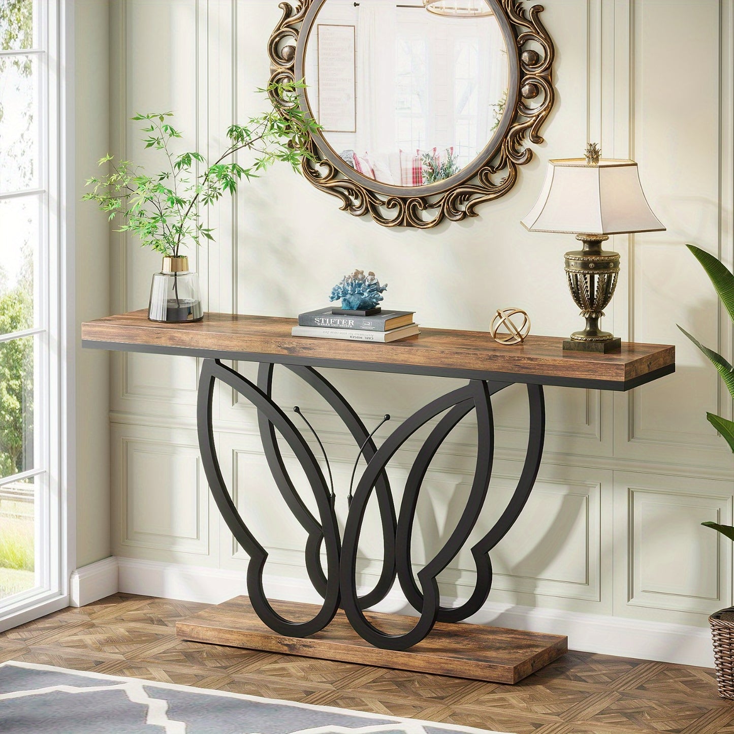 Farmhouse Sidetable – Console Table – Haltafel – Sofa Table – Gangtafel – 55 Inch – Robuust Metaal & Houten Blad – Extra Opbergruimte