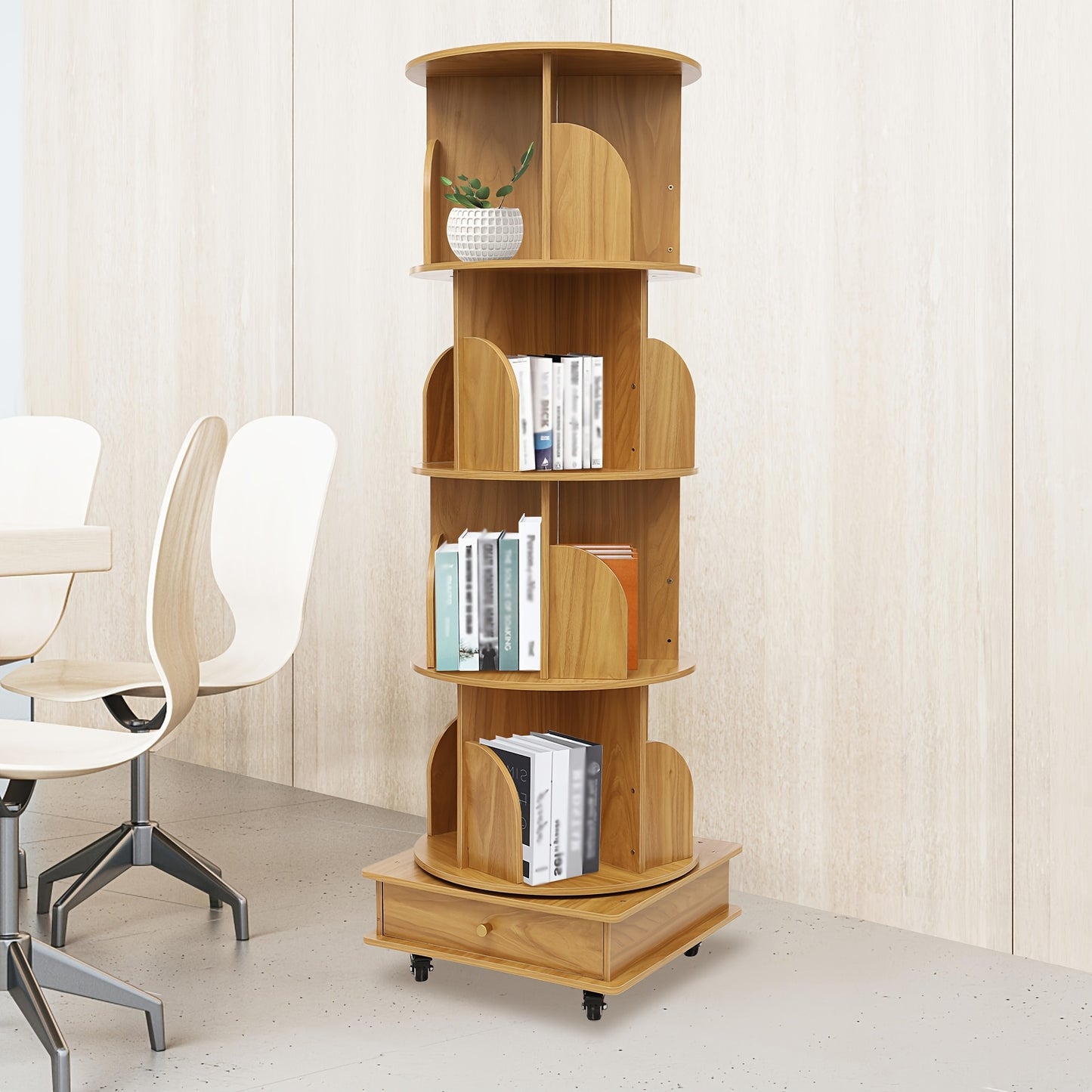 Boekenplank – Boekenrek – Wandplank – Boekenkast – Opbergmeubel – Draaibaar 360° – Massief Hout – 4 Lagen – Verrijdbaar – Compact 46x46x142 cm