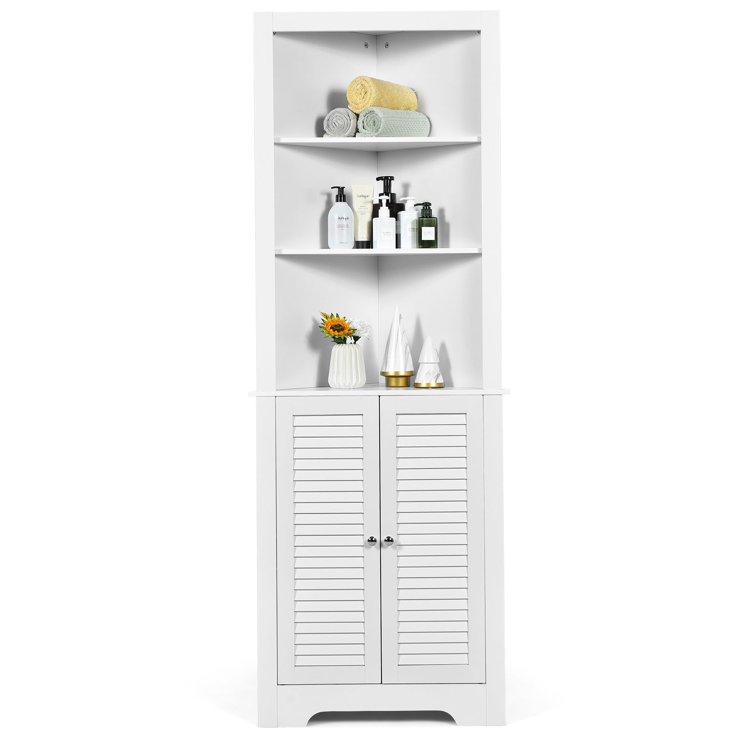Hoekopberger Badkamer – Hoekkast – Opbergkast – Badkamerkast – Opbergmeubel – Wit MDF – 3 Open Planken – Verstelbare Plank