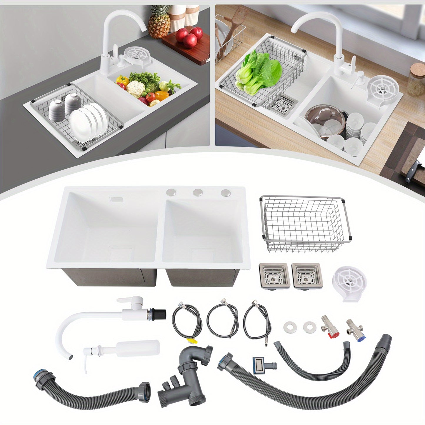 TOOL1SHOOO Large Double Basin Kitchen Sink 304 Stainless Steel with Faucet Double Basin Set Drain Basket Hand Soap Dispenser Top And Bottom Mount Modern White Sink with High Overflow Hole