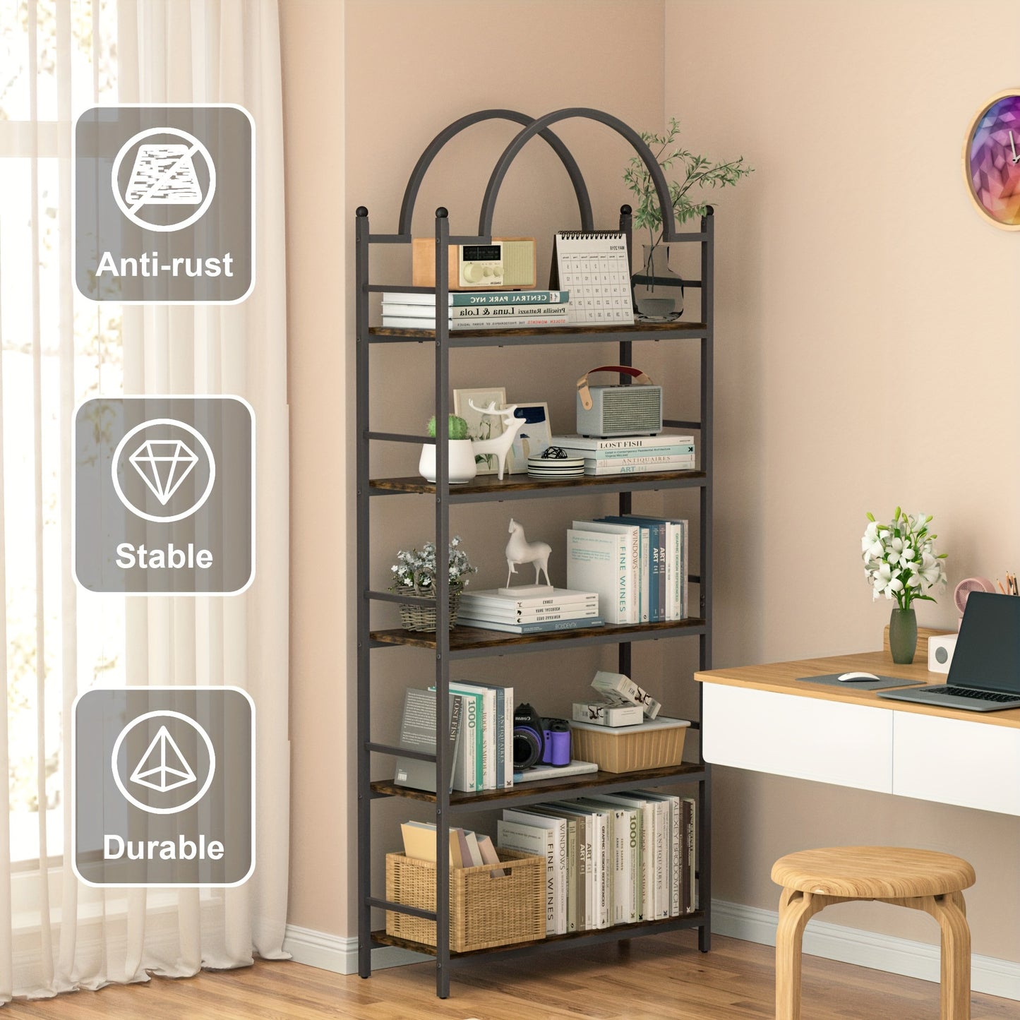 Open Boekenkast – Boekenplank – Opbergkast – Stellingkast – Display Rek – 5 Lagen Hout Met Metaal – Industrieel Design – Vrijstaand Meubel