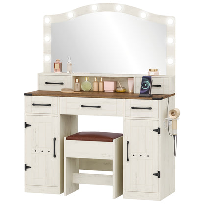 Kaptafel – Make-uptafel – Beautytafel – Schoonheidstafel – Toiletmeubel – Rustiek Bruin-Wit – Led-Verlichting Met 3 Lichtstanden – 5 Lades + 2 Kastdeuren Met Haardrogerhouder