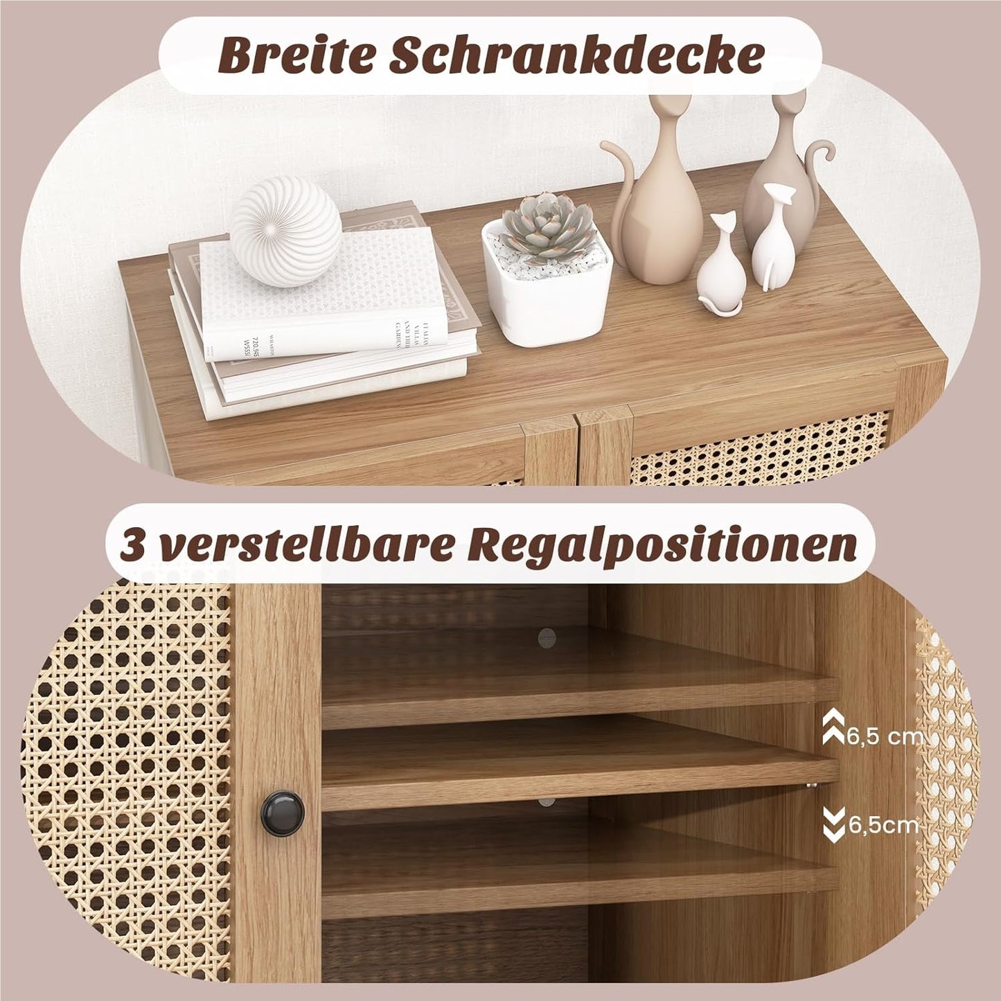 Dressoir – Sideboard – Kast – Buffetkast – Opbergmeubel – Met 2 Rieten Deuren – Industrieel Design – 80x40x80 cm – Verstelbare Planken – Houten Werkblad Eikenhout