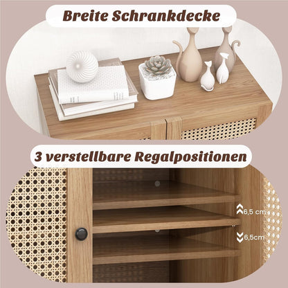 Dressoir – Sideboard – Kast – Buffetkast – Opbergmeubel – Met 2 Rieten Deuren – Industrieel Design – 80x40x80 cm – Verstelbare Planken – Houten Werkblad Eikenhout