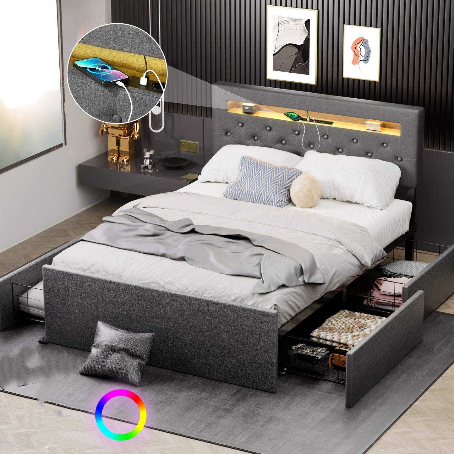 Bed 140x200 cm – Tweepersoonsbed – Boxspring – Led Bed – Opbergbed – Gestoffeerd Hoofdbord – Met Vier Lade Opbergruimte – USB Verlichte LED – Met Houten Lattenbodem