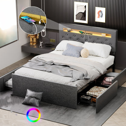 Bed 140x200 cm – Tweepersoonsbed – Boxspring – Led Bed – Opbergbed – Gestoffeerd Hoofdbord – Met Vier Lade Opbergruimte – USB Verlichte LED – Met Houten Lattenbodem