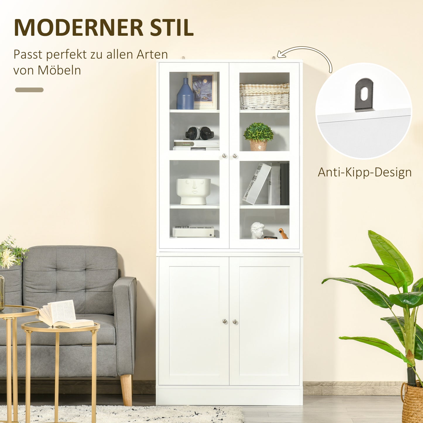 Vitrinekast – Boekenkast – Opbergkast – Glazen Kast – Dressoir – Wit – 178,5 cm Hoog – MDF Met Gehard Glas