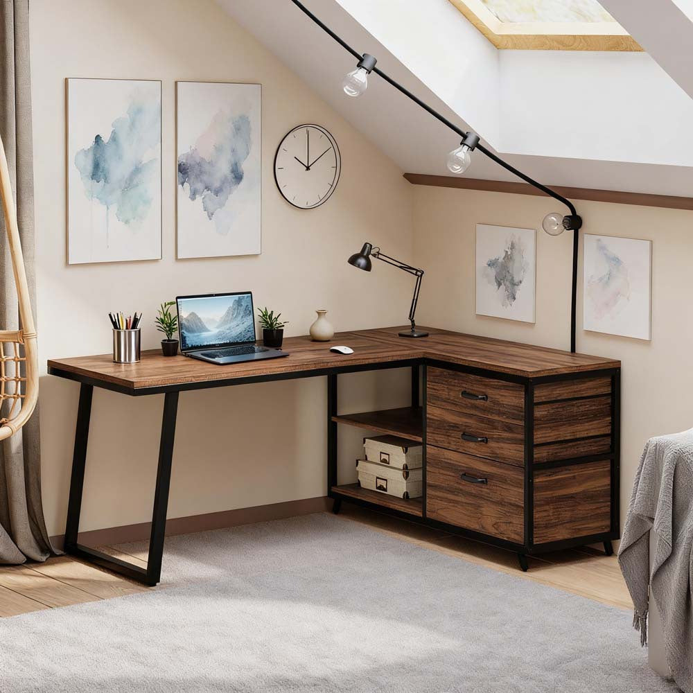 L-vormige bureautafel – hoekbureau – computerbureau – werkplek bureau – studie bureau – Klassieke bruine afwerking – omkeerbaar ontwerp – 3 lades en 2 planken – stevig vezelplaat frame