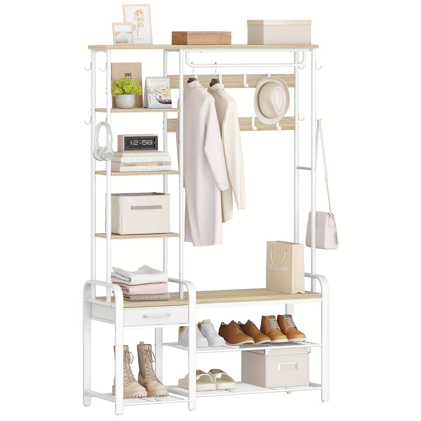 Coat Rack with Bench, Wardrobe with 3-tier Shoe Bench And 1 Drawer, 5-in-1 Clothes Rack with 17 Hooks, 1 Hanging Rod, 4-tier Side Shelves, Golden Oak-white, Coat And Hat Rack, Clothes Hanging Rack, Clothes Rack with Mirror, C