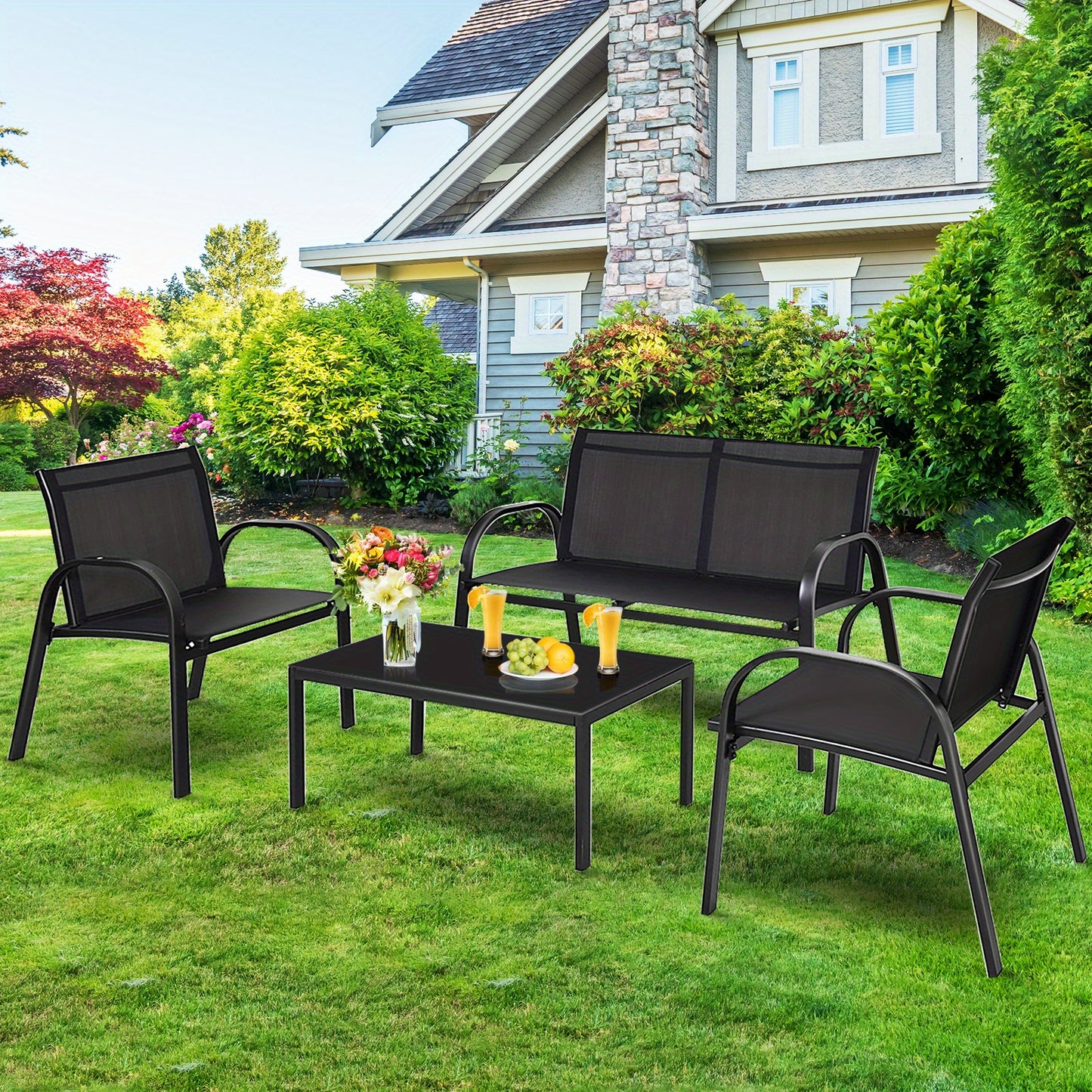 4-delige Loungeset Buiten – Tuinmeubelset – Patio Set – Balkonmeubilair – Outdoor Sofa Set – Duurzaam Metalen Frame – Ademend Zwart Textiel – Inclusief Glazen Salontafel 80 cm