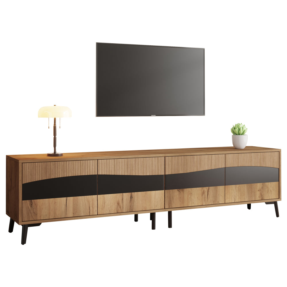 TV-meubel – TV-kast – TV-meubel woonkamer – Lowboard – Mediaconsol – Natuurlijke Houtkleur Met Zwarte Accenten – 180 cm Breed Met 4 Kasten En 30 kg Draagvermogen
