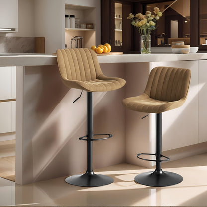 Set of 2 Modern Brown Velvet Swivel Bar Stools with Height Adjustment & 360° Rotation - Heavy-Duty Metal Frame, Soft Cushioned Seats with Backrest, Easy Assembly for Kitchen Island, Dining Room, Home Bar - Luxury Counter Sto