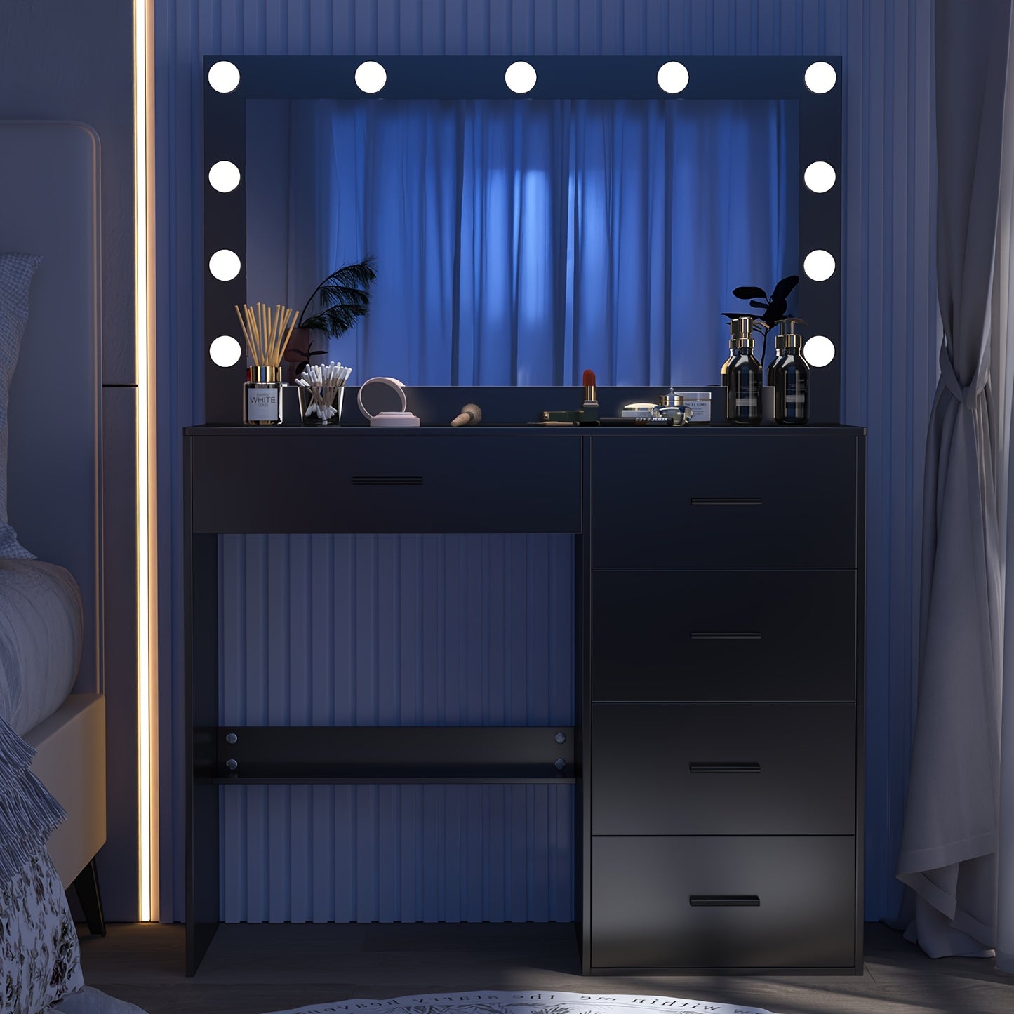 Kaptafel – Make-up Tafel – Dressing Table – Cosmeticatafel – Kapcommode – Massief Houten Zwart – Verlichte Spiegel Met 3 Lichtstanden – Ruime Lades