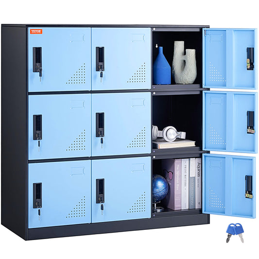 Lockerkast – Opbergkast – Kledingkast – Metalen Kast – Lockers – 9 Deuren Met Slot – Robuust Stalen Design 90x45x94 cm - Zwart-Blauw