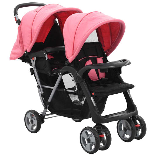 Dubbele Kinderwagen – Tandem Buggy – Zwillingswagen – Kinderbuggy – Wandelwagen – Sterk Stalen Frame – Inklapbare Zonnekappen Roze