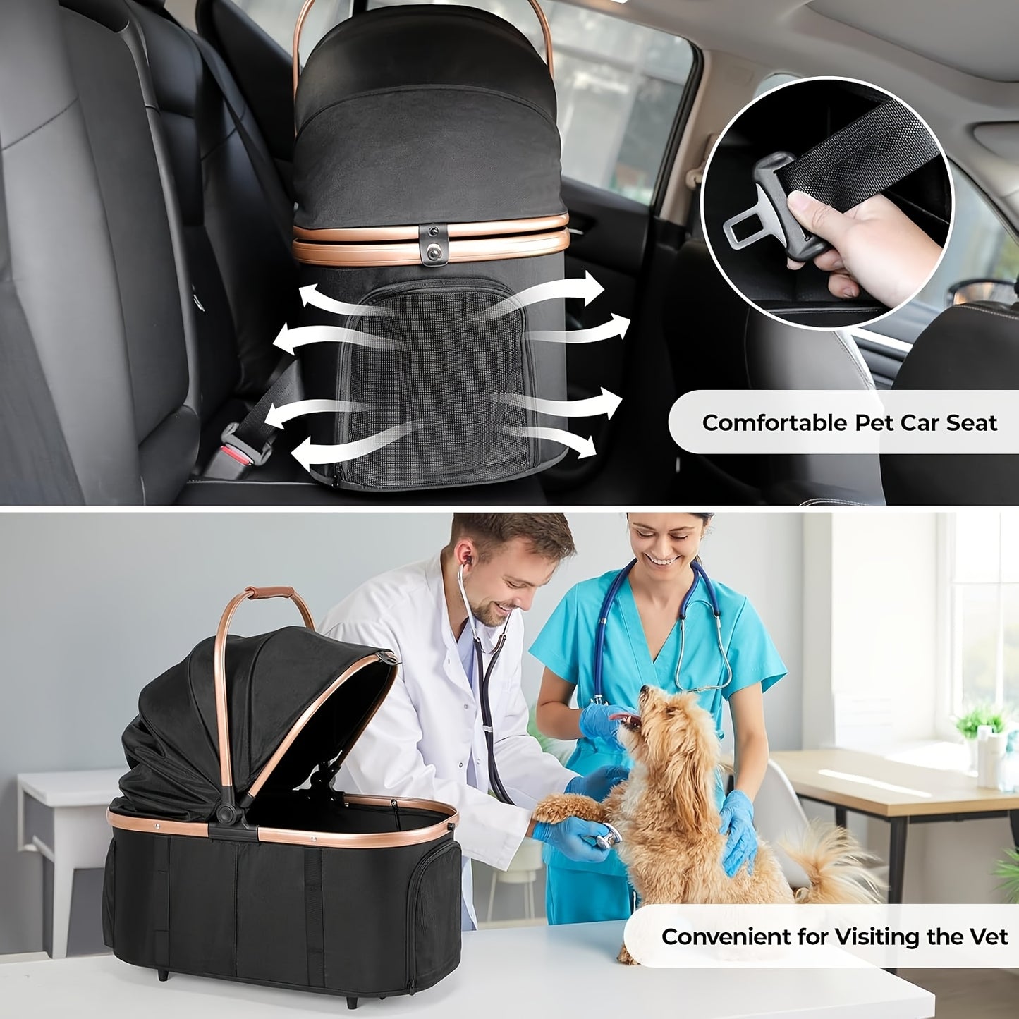Huisdierenwagen – Dierenwagen – Hondenwagen – Kattenwagen – Draagmand – Champagne Golden + Zwart – 4-in-1 Multifunctioneel – Stevig Carbon Stalen Frame
