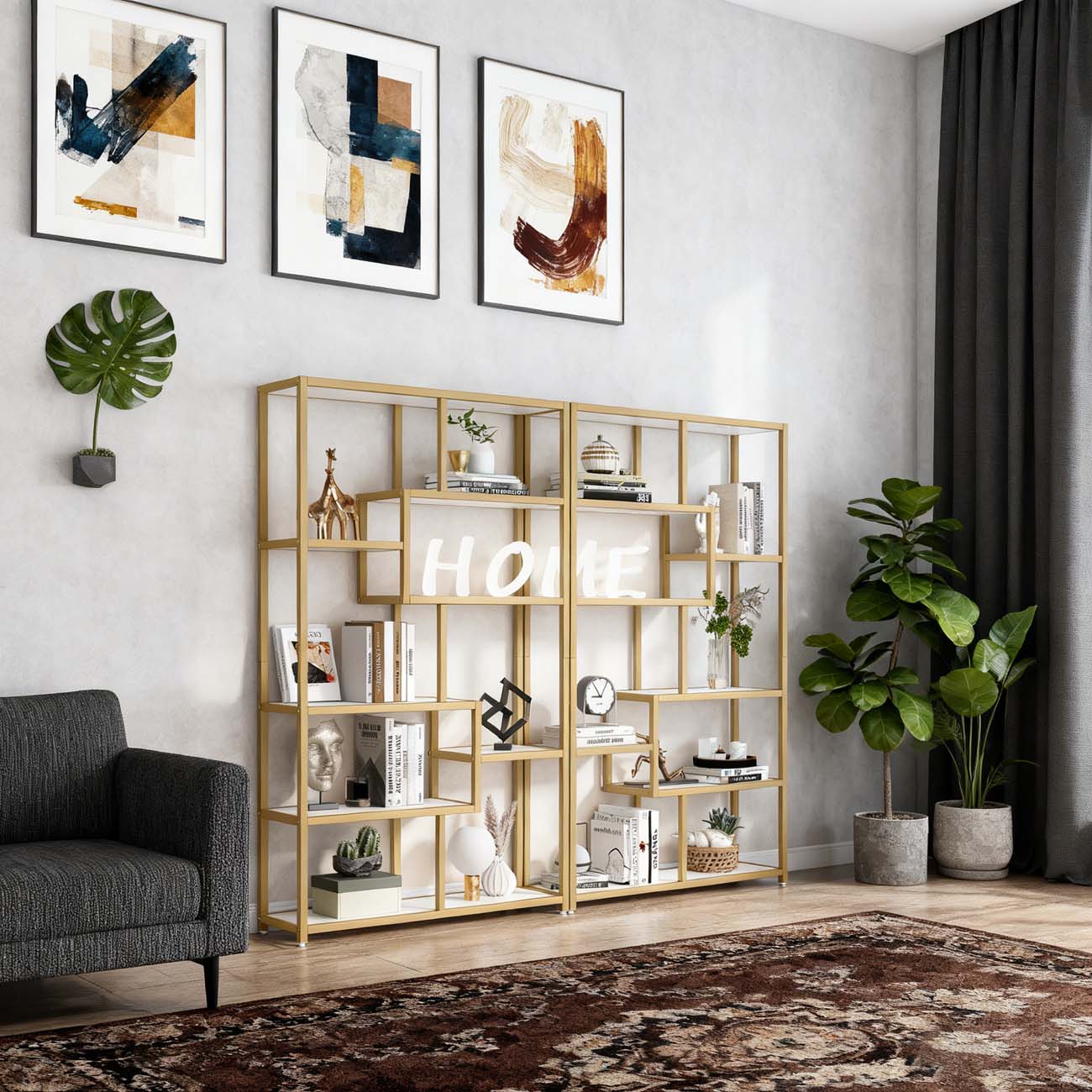 Boekenkast – Boekplank – Openkast – Vakkenkast – Wandrek – Wit Marmer/Goud – 8 Open Planken – Stevig Metalen Frame 180 cm