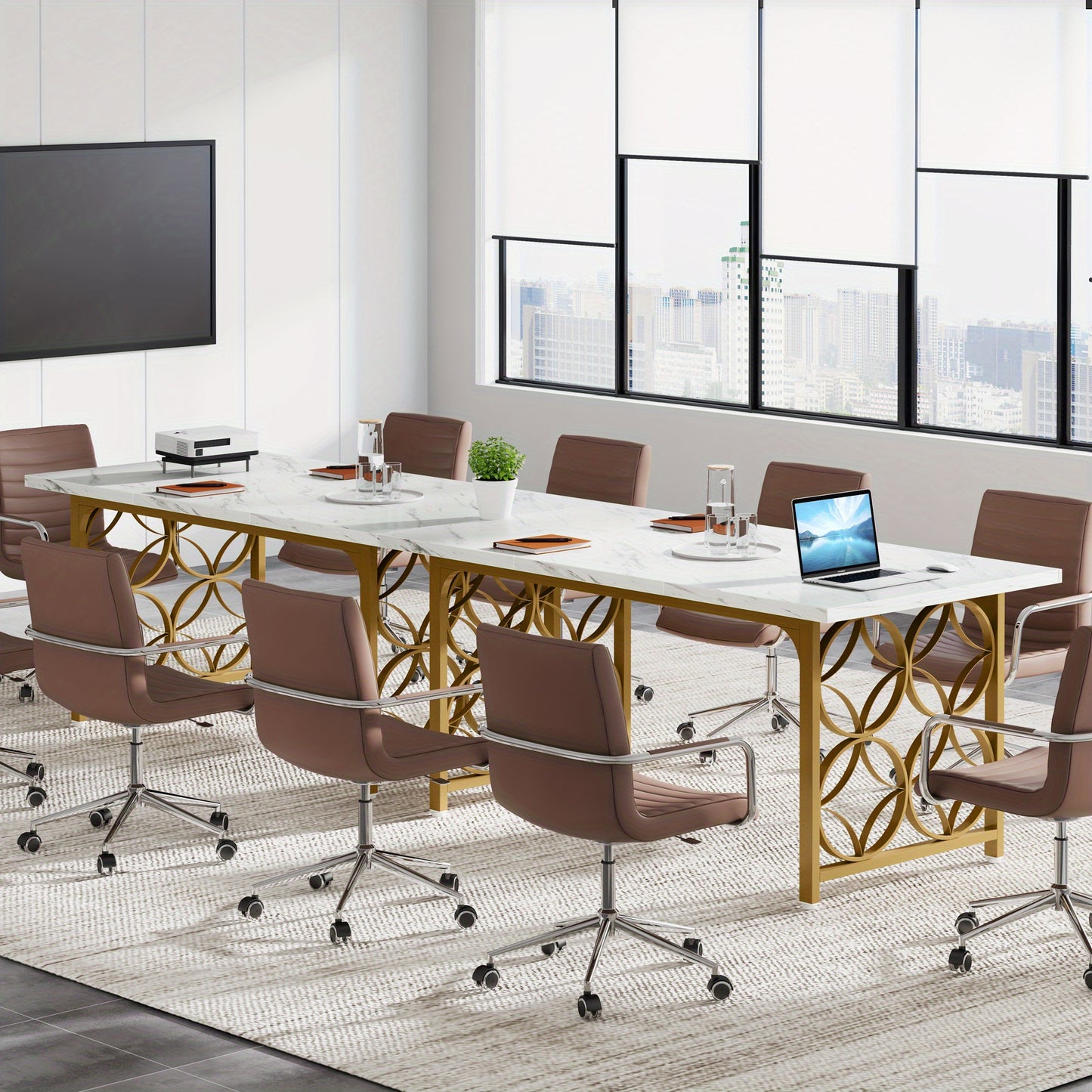 Conferentietafel – Vergadertafel – Bureautafel – Ontmoetingstafel – Werktafel – Wit met Gouden Accenten – Verstelbare Hoogte 68,5 cm – Stevig MDF Tafelblad en Metalen Frame