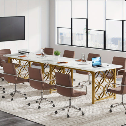 Conferentietafel – Vergadertafel – Bureautafel – Ontmoetingstafel – Werktafel – Wit met Gouden Accenten – Verstelbare Hoogte 68,5 cm – Stevig MDF Tafelblad en Metalen Frame
