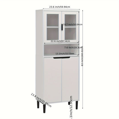 Boekenkast – Boekenrek – Opbergkast – Vakkenkast – Kast – Hoog Model – 4 Glazen Deuren – Verstelbaar Bovenblad – Gelakt MDF – Wit