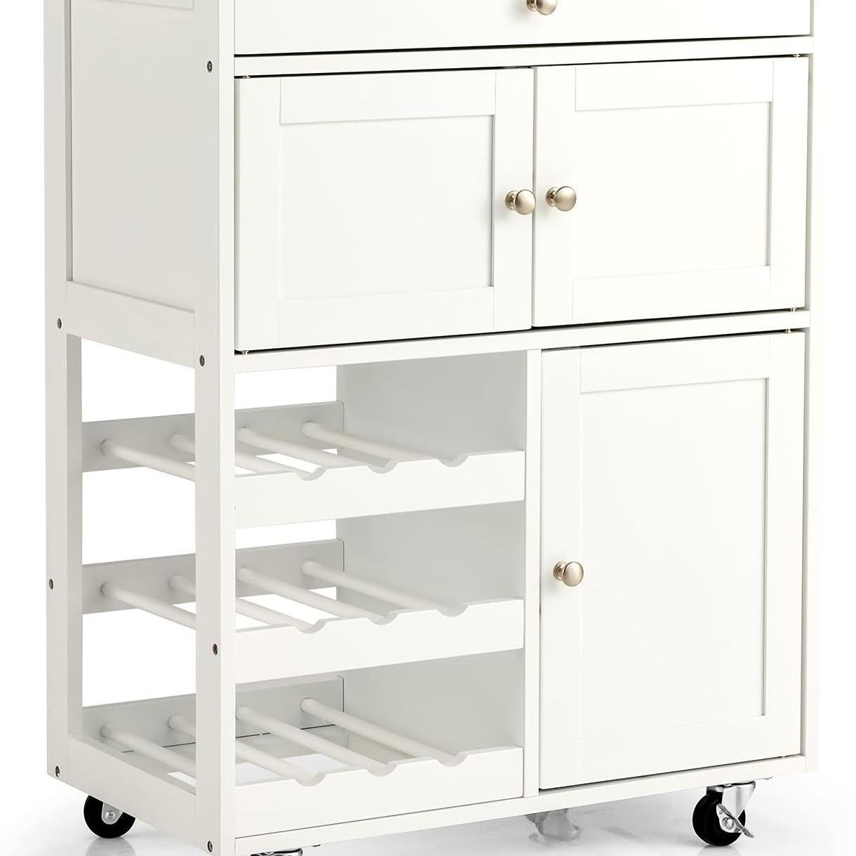 Keukentrolley – Keukenwagen – Serveerwagen – Keukenrek – Opbergwagen – Rubbenhouten Werkblad 67x37 CM – 3-Laags Opbergrek Met Lade en 2 Kastjes – Wieltjes Met REM
