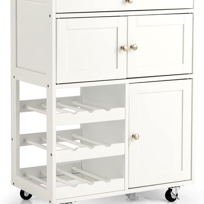 Keukentrolley – Keukenwagen – Serveerwagen – Keukenrek – Opbergwagen – Rubbenhouten Werkblad 67x37 CM – 3-Laags Opbergrek Met Lade en 2 Kastjes – Wieltjes Met REM