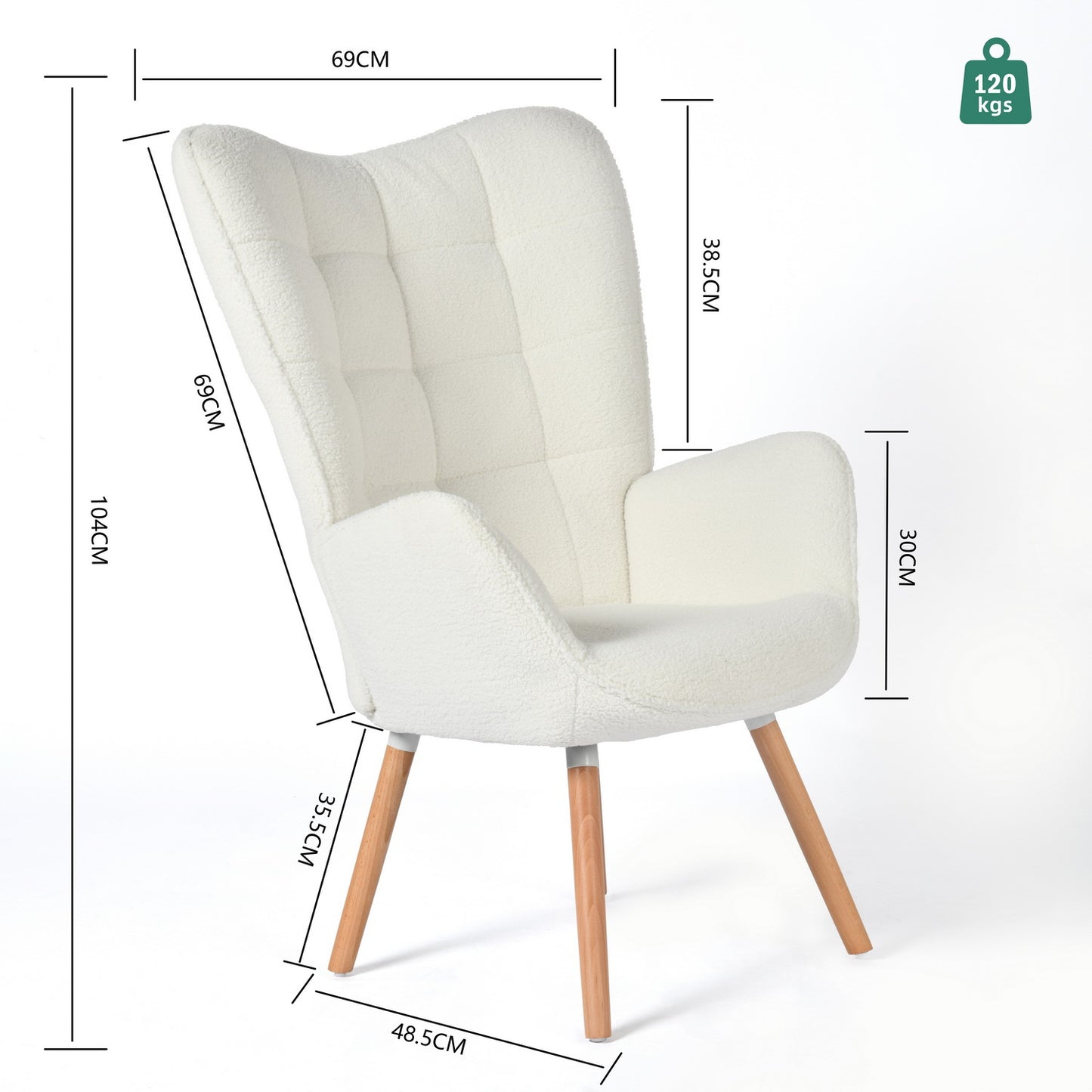 Scandinavische Fauteuil – Leunstoel – Armstoel – Stoel – Zithoekstoel – Witte Stoffering – Gevuld Met Zachte Schuimrug – 66x71x109 cm