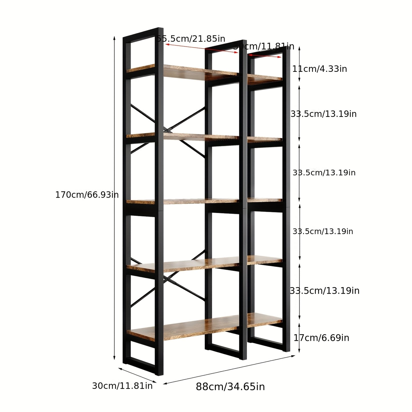 Boekenplank – Boekenrek – Wandplank – Wandrek – Opbergplank – 5-laags – Hout en Metalen Frame – Stevig en Compact – Makkelijk te Monteren