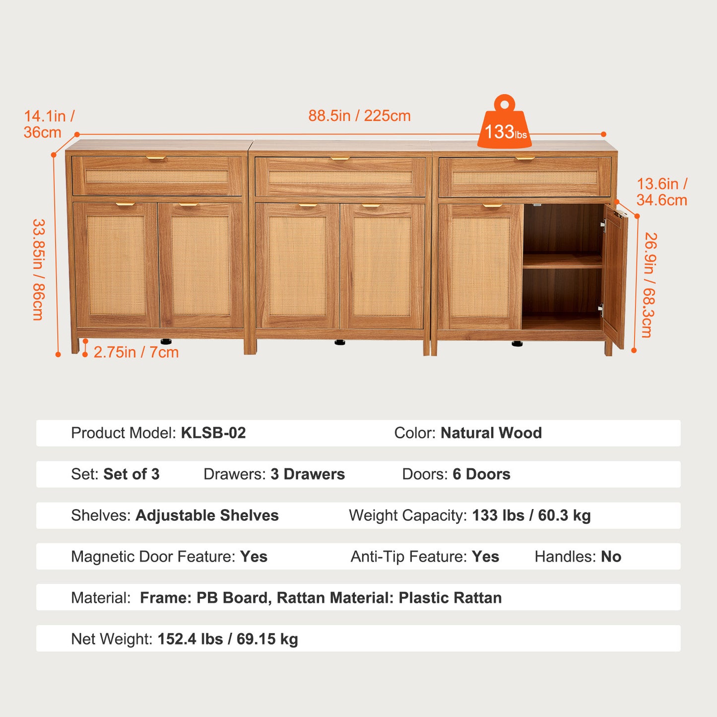 VEVOR Rattan Cabinet with 6 Doors 3 Drawers Adjustable Shelves Set of 3 Natural
