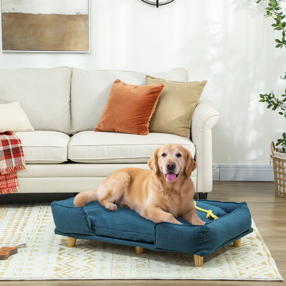 Hondenmand – Hondenbankje – Hondenbed – Huisdier Sofa – Afneembaar Kussen – Donkerblauw – Verhoogde Houten Pootjes – 96x66x24 cm