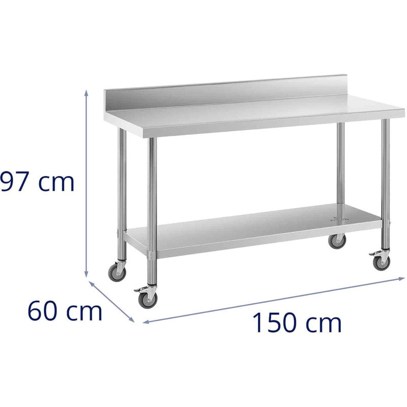 Serveerwagen – Keukentrolley – Keukenwagen – Roltafel – Opbergwagen – RVS Werktafel – 60x150 cm – 4 Wielen Met Rem