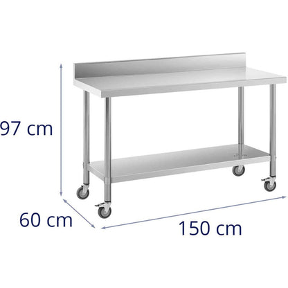 Serveerwagen – Keukentrolley – Keukenwagen – Roltafel – Opbergwagen – RVS Werktafel – 60x150 cm – 4 Wielen Met Rem
