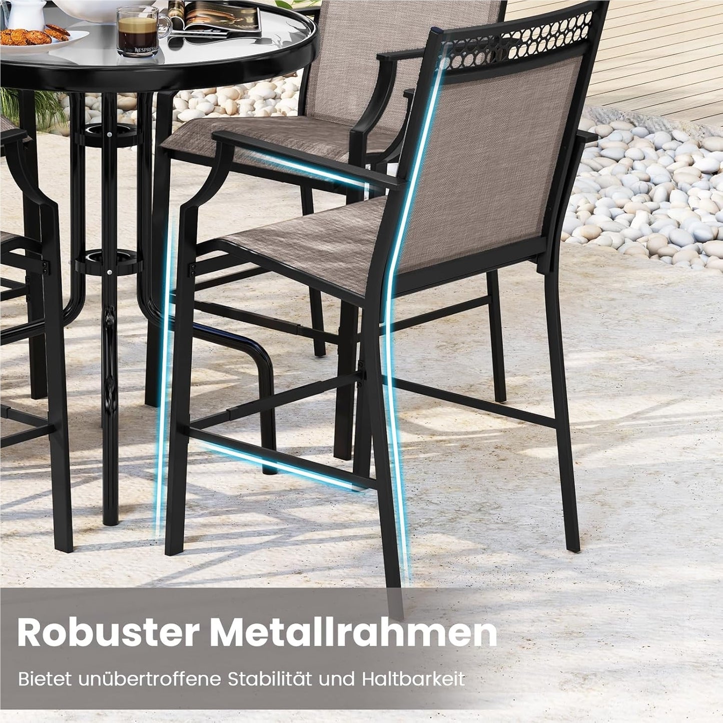 Tuinstoelen – Terrasstoelen – Buitenstoelen – Balkonstoelen – Hooge Stoelen – Sneldrogende Stof – Stevig Metalen Frame – Max. 180 kg Belastbaar – Set van 2 – Koffiekleur