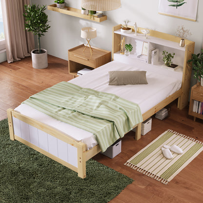 Bedframe – Eenpersoonsbed – Kinderbed – Logeerbed – Slaapbank – Massief Houten Frame – Opbergruimte Hoofdeinde – 90x200 cm – Wit – Duurzaam – Eenvoudige Montage