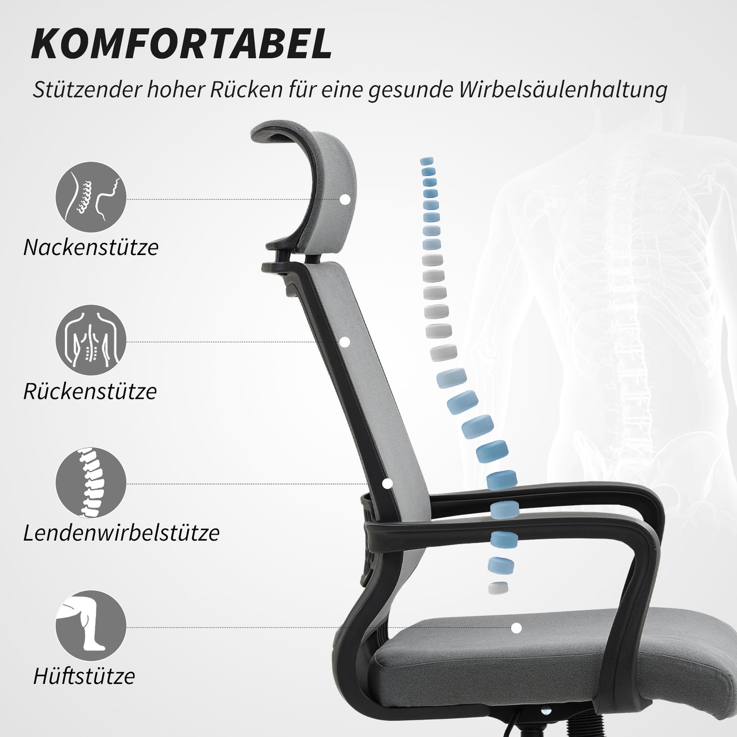 Bureaustoel – Office Chair – Werkstoel – Desk Chair – Stoel Met Wieltjes – Donkergrijs – Verstelbare Zithoogte – Zachte Synthetische Wol Rugleuning