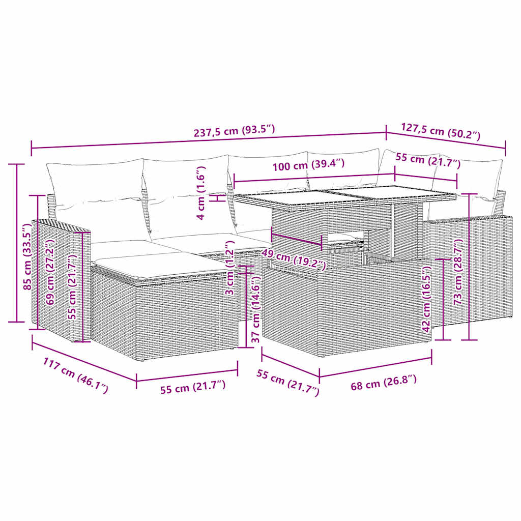 Lounge tuinset – Loungeset – Tuinmeubelset – Balkonset – Zitgroep – PE-rattan – Modulaire Set met Opbergruimte – Kussens met Afneembare Hoezen – Grijs