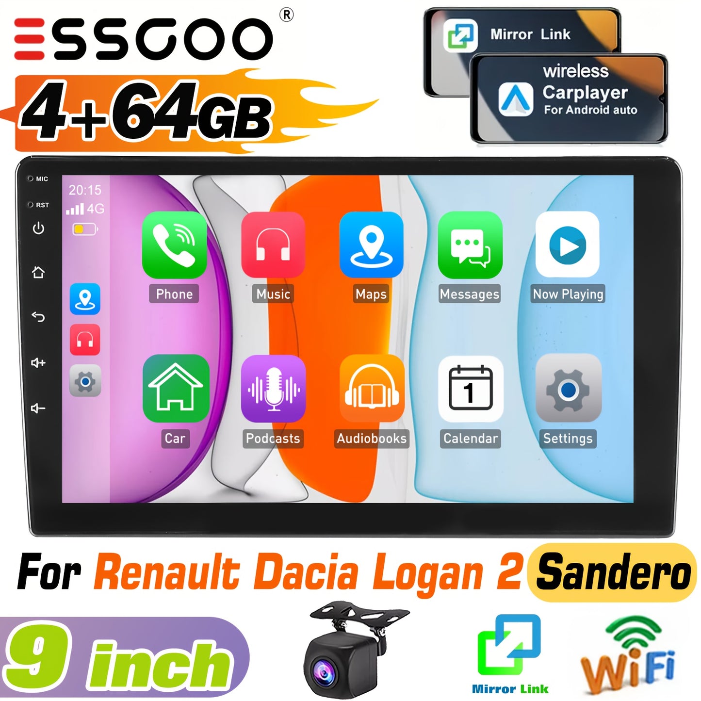 Autoradio – Multimedia Speler – 2-DIN Touchscreen Radio – Car Entertainment Systeem – 9 Inch IPS Scherm – Draadloze CarPlay & Android Auto – Inclusief AHD Achteruitrijcamera