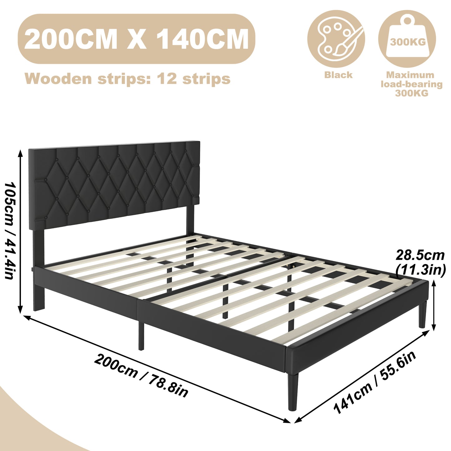 Modern Upholstered Bed: 90/140/160x200 cm with Soft Fabric, Sleek Minimalist Style, and 300kg Load Capacity in Black/Beige Leather style