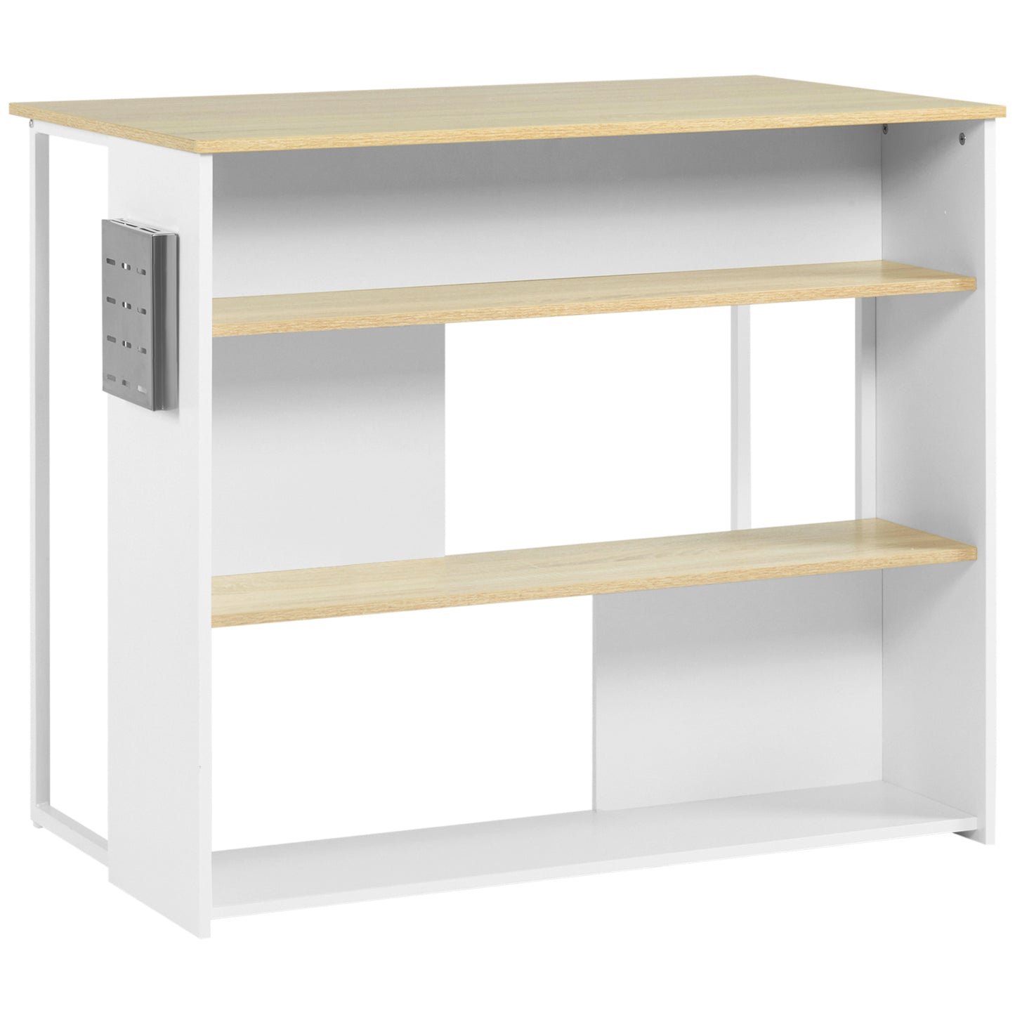 Keukeneiland – Keukenwagen – Kookeiland – Werktafel – Keukentrolley – 3 Open Planken – Roestvrijstalen Messenhouder – 105x65x90 cm – Wit/Naturel
