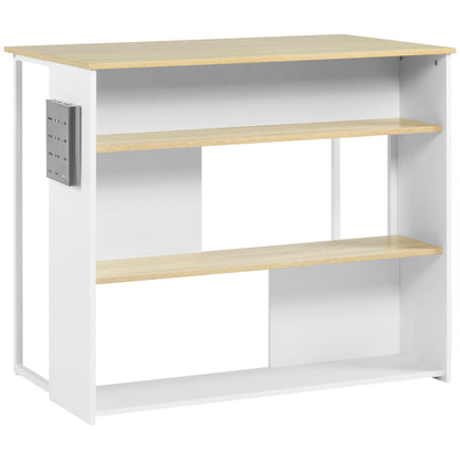 Keukeneiland – Keukenwagen – Kookeiland – Werktafel – Keukentrolley – 3 Open Planken – Roestvrijstalen Messenhouder – 105x65x90 cm – Wit/Naturel