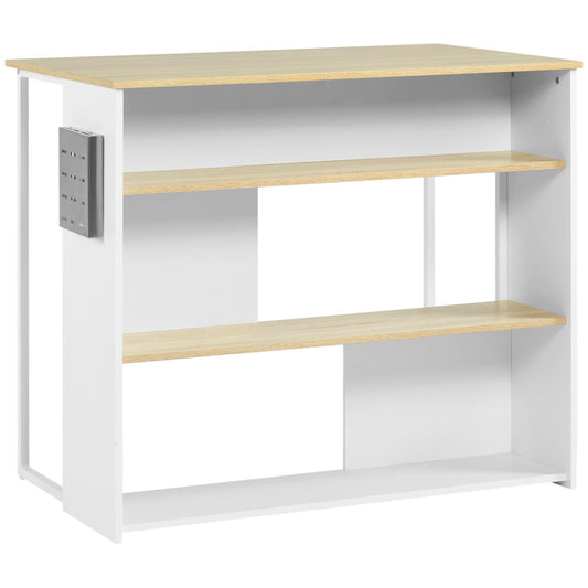 Keukeneiland – Keukenwagen – Kookeiland – Werktafel – Keukentrolley – 3 Open Planken – Roestvrijstalen Messenhouder – 105x65x90 cm – Wit/Naturel