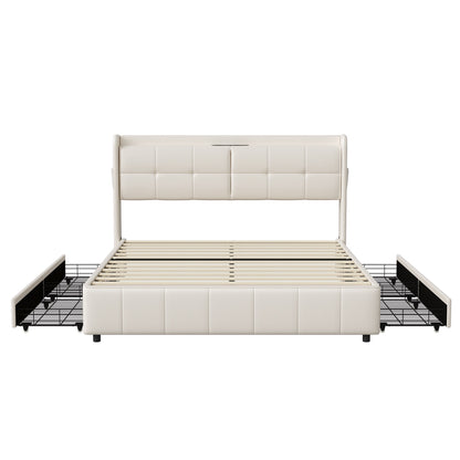 Bed Met Opbergruimte – Tweepersoonsbed – Volwassenenbed – Boxspringbed – Slaapbank – 160 x 200 cm – Fluweel Beige – 4 Ruime Ladekasten