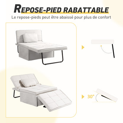 3-in-1 Relaxstoel – Pouf – Chaise Longue – Slaapstoel – Zitzak – Verstelbare Rugleuning 5-standen – Inklapbare Voetensteun – Crèmekleurige Linnenstof – Zwart Metalen Frame