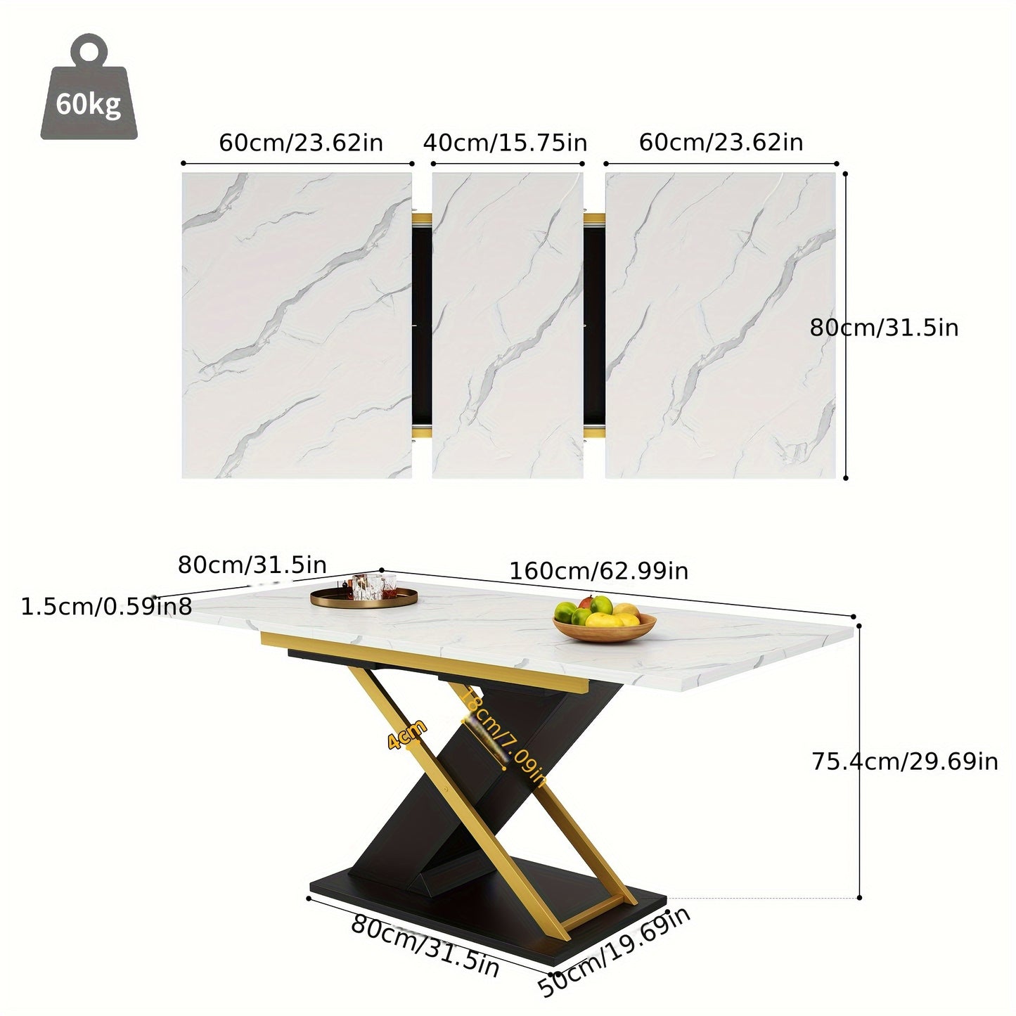 Uitklapbare Eettafel – Uitschuifbare Tafel – Verlengbare Eettafel – Klaptafel – Keukentafel – 120-160x80 cm – MDF Met Gouden Kruispoten