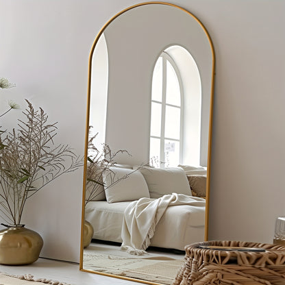 Vloerspiegel – Staande Spiegel – Grote Spiegel – Volledige Lengte Spiegel – Gebogen Spiegel – 179 cm x 65 cm – Zwart-Gouden Metalen Frame – Vrijstaand Model