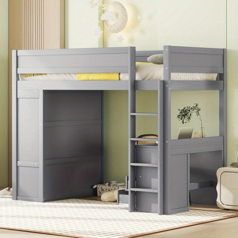 Hoogslaper – Stapelbed – Kinderbed – Eenpersoonsbed – Meubelbed – Ruimtebesparend Design – Stevige Niet-Houten Constructie – Inclusief Kledingkast, Bureau en Lade – Neutraal Grijs – Eenvoudige Montage