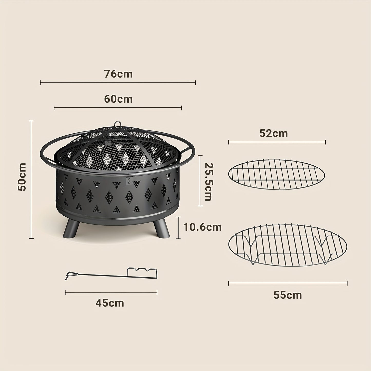Vuurkorf – Tuinhaard – Buitenhaard – Terrashaard – Barbecuekorf – Zwart – Diameter 76 cm – Inclusief Grill en Sprankelvanger