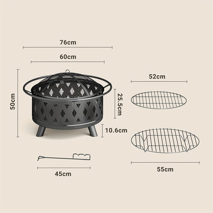 Vuurkorf – Tuinhaard – Buitenhaard – Terrashaard – Barbecuekorf – Zwart – Diameter 76 cm – Inclusief Grill en Sprankelvanger