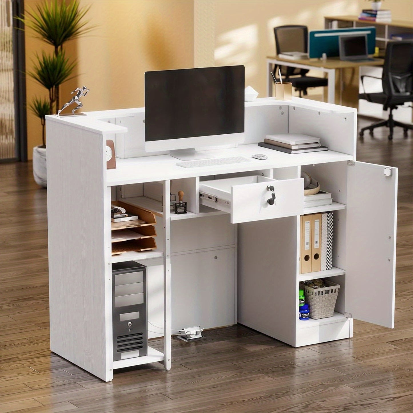Modern Reception Desk with A Large Work Surface, 100cm X 120cm X 50cm, Featuring Lockable Drawers And Shelves, Suitable for Offices, Salons, Shops, Or Hotels
