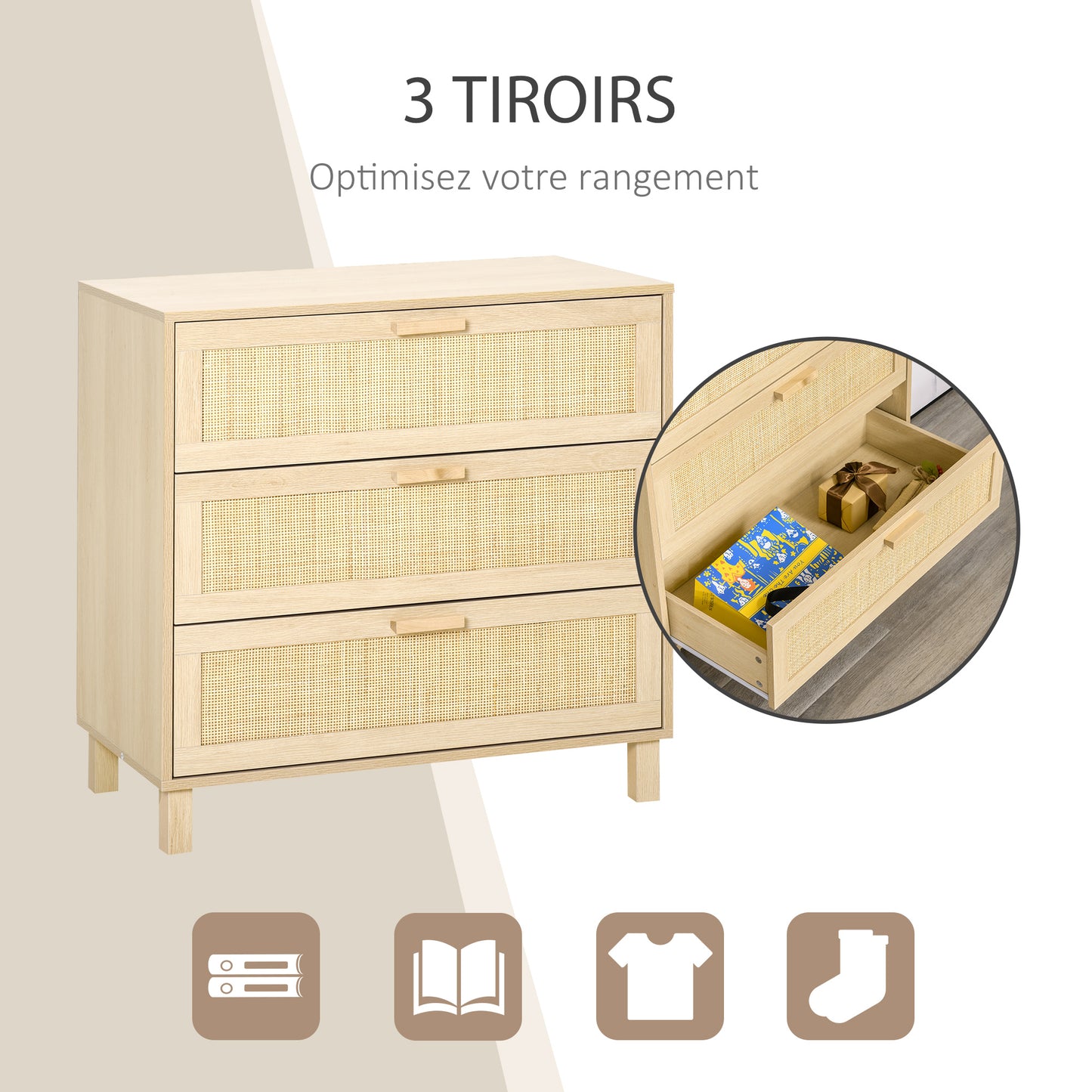 Opbergkast – Ladekast – Commode – Dressoir – Kast Beige – 3 Grote Lades – MDF Met Rotan Fronten